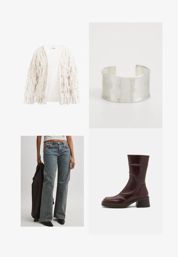Fringe kardigán v krémovej farbe, s textúrovanou tkaninou a voľnými třásňami pozdĺž rukávov a predných okrajov, s otvoreným dizajnom vpredu.; Čierna priesvitná blúzka s dlhými rukávmi, zúženým pásom a otvoreným predným dizajnom. Ľahký materiál s hladkou textúrou a splývavým strihom.; Svetlo modré denimové nohavice s voľným strihom, so stredne vysokým pásom, viditeľným prešívaním a klasickým piatym vreckovým dizajnom. Prítomná je aj čierna obuv a tmavá bunda.; MIISTA MALENE - Klasické členkové čižmy - brown; Zign Náramok - silver-coloured