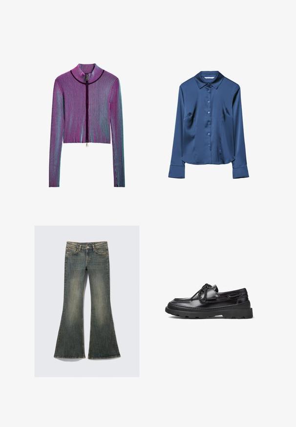 Gekürzte Jacke mit Reißverschluss und langen Ärmeln im mehrfarbigen Rippmuster mit rosa, lila und blauen Streifen. Silberelement am Reißverschluss vorne.; Navyblaues Satinhemd mit langen Ärmeln, Kragen, vorderer Knopfleiste und seitlichen Taschen. Glatte Textur und taillierte Passform.; Ausgestellte Jeans aus Denim in einem blassen Blauton mit einem klassischen Fünf-Taschen-Design, das eine leichte Textur und sichtbare Nähte aufweist.; Schwarze Lederbootsschuhe mit runder Zehenpartie, Schnürdesign, gesteppten Akzenten und einer stabilen Gummisohle mit einem strukturierten Grip-Muster.