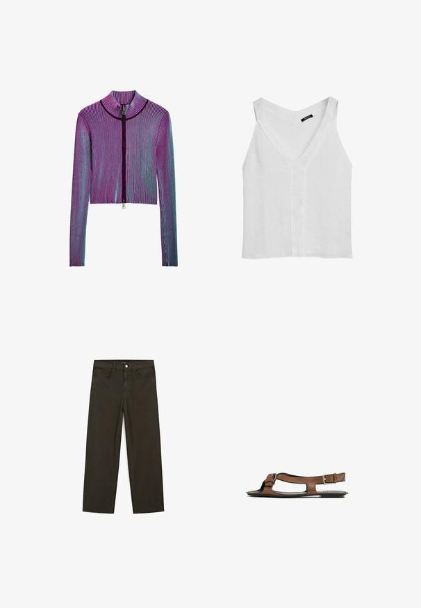 Krótka kurtka na zamek błyskawiczny z długimi rękawami w wielokolorowy prążkowany wzór z różowymi, fioletowymi i niebieskimi paskami. Srebrny zamek z przodu.; Massimo Dutti - Top; Ciemnozielone spodnie dżinsowe typu wide-leg wykonane z mieszanki bawełny, z zamkiem na guzik z przodu, pięcioma kieszeniami i klasycznym przeszyciem dżinsowym.; Brązowe skórzane sandały z otwartym palcem i wycięciami po bokach. Posiadają pasek na kostkę z metalową klamrą oraz płaską podeszwę.