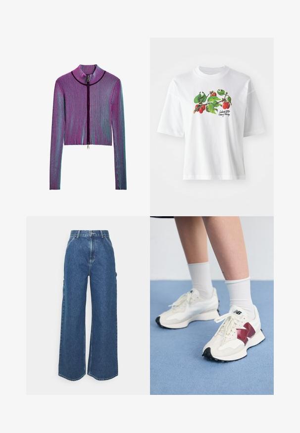 Rövidített zipzáras dzseki, hosszú ujjakkal, többszínű bordázott mintával, rózsaszín, lila és kék csíkokkal. Ezüst színű cipzár részlet elöl.; Fehér pamut póló rövid ujjal, középen színes gyümölcs és levél mintával. A felirat: "Carhartt WIP Cream of the crop."; Széles szárú, kék farmernadrág magas derékkal, kontrasztos varrással és oldalsó zsebekkel, klasszikus öt zsebes kialakítással és nyers szegéllyel.; Fehér sneaker pár, bordó kiegészítőkkel, texturált panelekkel, lapos fekete talppal és világos fűzőkkel, fehér bokazoknival viselve.