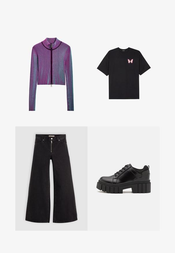 Rövidített zipzáras dzseki, hosszú ujjakkal, többszínű bordázott mintával, rózsaszín, lila és kék csíkokkal. Ezüst színű cipzár részlet elöl.; Fekete pamut póló rövid ujjakkal, bal mellkason egy kis rózsaszín pillangó grafikával. Kerek nyakú kialakítás, laza fazonnal.; Fekete denim széles szárú farmer, cipzáros elejével, öt zsebes kialakítással és diszkrét varrással. Sima textúra és laza stílus.; Fekete bőr platform cipők vaskos blokk sarkakkal, kerek orral és hagyományos fűzős kialakítással. Simára csiszolt felület és minimális részletezés jellemzi.