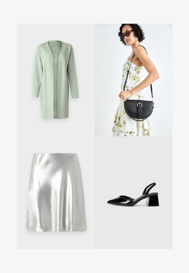 Cardigan longo de frente aberta em suave tecido verde claro texturizado. Apresenta mangas longas e um corte relaxado, sem fechos.; T-shirt de algodão preto com mangas curtas, apresentando um pequeno gráfico de borboleta rosa no lado esquerdo do peito. Design de gola redonda com um corte solto.; Mini saia metálica prateada com textura suave e ligeiro brilho. Apresenta um design evasé e uma bainha simples e limpa.; Sandy em verniz preto com salto slingback, ponta afilada e salto geométrico. Apresenta um design elegante e minimalista com textura suave.; Bolsa de couro preta com forma curva, alça destacável e detalhes em dourado. A bolsa possui uma aba com detalhe de fivela.