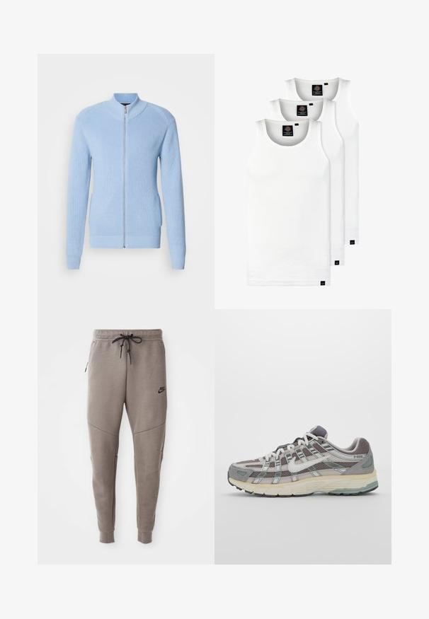 Lichtblauwe zip-up sweater met ribbeltextuur, hoge kraag en lange mouwen. Heeft een rechte zoom en zijzakken.; Drie witte geribde tanktops van katoen. Kenmerken zijn een ronde hals en kleine zwarte labels nabij de zoom. Verkrijgbaar in meerdere maten.; Grijze Nike-sweatpants met een verstelbare tailleband, taps toelopende benen, zijzakken en opvallende naaddetails. Zachte, gestructureerde stof.; Grijze sportieve schoen met een bovenwerk van mesh en suede, witte accenten, een gevoerde zool en een onderscheidend ontwerp met reflecterende elementen.