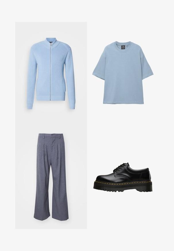 Ljusblå zip-up tröja med ribbat mönster, hög krage och långa ärmar. Har en rak nederkant och sidofickor.; Ljusblå oversized kortärmad T-shirt med rundad halsringning och synlig varumärkesetikett inuti kragen, uppställd på en vit bakgrund.; Grå rutiga byxor med vid ben-design, med plisseringar framtill och en jämn yta. Ingen synlig hårdvara eller detaljer.; Svart läder snörskor med en tjock, sågad svart gummisula och gula stygn längs kanten, med en slät finish.