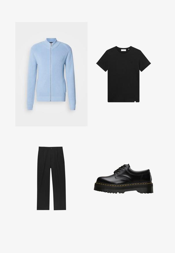 Ljusblå zip-up tröja med ribbat mönster, hög krage och långa ärmar. Har en rak nederkant och sidofickor.; Svart kortärmad T-shirt i bomull, med rund hals och en liten logotyp broderad på bröstet. Slät textur, standard passform.; Svarta byxor med rak ben-design, tillverkade av ett jämnt tyg. Har framfickor och en enkel knapplåsning i midjan.; Svart läder snörskor med en tjock, sågad svart gummisula och gula stygn längs kanten, med en slät finish.