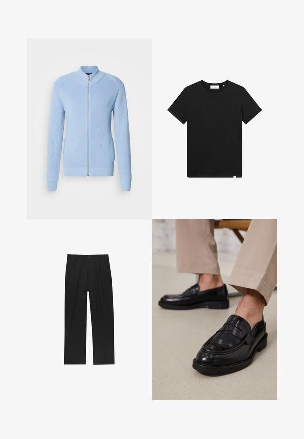 Light blue zip-up sweater with ribbed texture, high collar, and long sleeves. Features a straight hem and side pockets.; Black short-sleeve T-shirt made of cotton, featuring a crew neck and a small logo embroidered on the chest. Smooth texture, standard fit.; Black pants with a straight-leg design, made from a smooth fabric. Features front pleats and a single button closure at the waist.; Black leather loafers with a smooth finish, featuring a decorative strap and contrast stitching, paired with beige trousers.