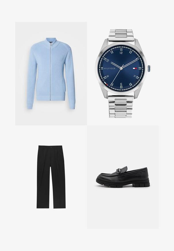 Lys blå zip-up sweater med ribbet struktur, høj krave og lange ærmer. Har en lige kant og sidelommer.; Sort kortærmet T-shirt lavet af bomuld, med rund hals og et lille logo broderet på brystet. Glat tekstur, standard pasform.; Sorte bukser med lige ben, lavet af et glat stof. Har frontfolder og en enkelt knaplukning i taljen.; Sort læderloafer med rund tå, en dekorativ rem og hardware, samt en chunky tekstureret sål. Glat finish med subtile detaljer.; Sølvmetal ur med en børstet blå urskive, hvide timemarkører og en datovisning. Har et sammenkædet metalarmbånd og brandlogo.
