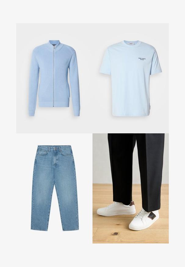 Světle modrý svetr na zip s vroubkovanou texturou, vysokým límcem a dlouhými rukávy. Má rovný lem a boční kapsy.; Svetle modré bavlněné tričko s kulatým výstřihem, krátkými rukávy a malým tmavým potiskem, který říká „MARC O'POLO DENIM“ na hrudi.; Světle modré džíny s širokými nohavicemi a vysokým pasem, které mají pět kapes, poutka na opasek a měkkou, mírně vybledlou strukturu.; Bílé tenisky s hladkým povrchem, s hnědými koženými akcenty a černými detaily, kombinované s černými kalhotami na míru. Pozadí tvoří dřevěná podlaha.