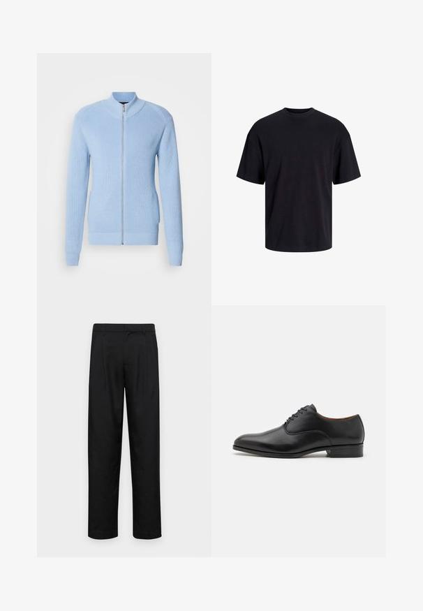 Light blue zip-up sweater with ribbed texture, high collar, and long sleeves. Features a straight hem and side pockets.; Black cotton t-shirt with a crew neckline, short sleeves, and a relaxed fit. Smooth texture and no visible patterns or accents.; Black trousers made of smooth fabric, featuring a straight-leg design, two front pleats, and standard waistband with belt loops.; Black leather dress shoe with a smooth finish, pointed toe, and six eyelet lace-up design, featuring a low heel and subtle stitching accents.