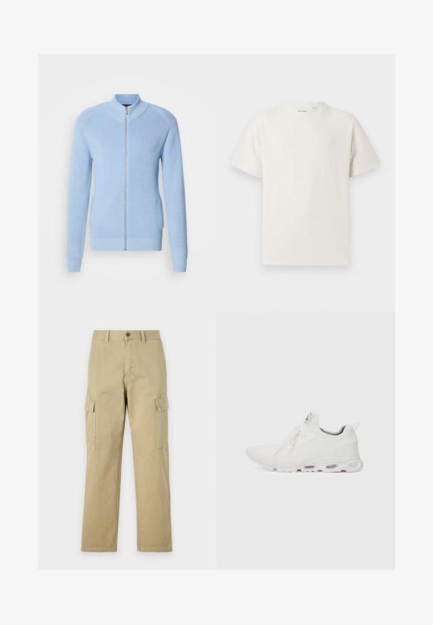 Jasnoniebieski sweter zapinany na zamek, o prążkowanej fakturze, z wysokim kołnierzem i długimi rękawami. Posiada prosty dół i boczne kieszenie.; Biała krótka koszulka z krótkim rękawem o żebrowanej fakturze. Okrągły dekolt, luźny krój, brak widocznych wzorów lub akcentów. Prosty i uniwersalny design.; Beżowe spodnie cargo wykonane z bawełny, z dwoma bocznymi kieszeniami, z zapięciem na guzik oraz prostymi nogawkami z lekko teksturowanej tkaniny.; Białe buty sportowe z teksturowaną cholewką z dzianiny, płaskimi sznurowadłami oraz wyściełaną podeszwą z widocznymi komorami powietrznymi dla dodatkowego wsparcia.