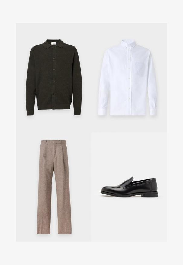 Cardigan en tricot à manches longues de couleur vert foncé, avec col et six boutons sur le devant, présentant un motif texturé subtil et des poignets et un ourlet côtelés.; Chemise blanche à manches longues avec boutons en coton, présentant une poche poitrine avec broderie ton sur ton, un col et des poignets boutonnés.; Pantalons marron taille haute en tissu texturé. Présente des jambes larges et deux plis avant pour la structure. Finition soignée sans matériel visible.; Mocassins en cuir noir avec une texture lisse, bout rond et une sangle décorative sur le dessus. Talon bas empilé, design minimaliste.