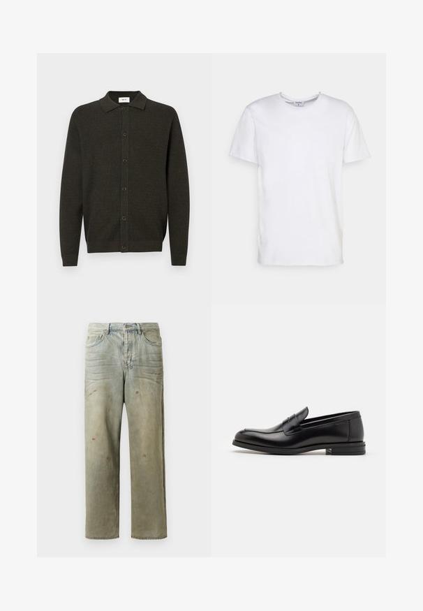 Cardigan lungo a maniche lunghe di maglia verde scuro con colletto e sei bottoni frontali, caratterizzato da un sottile motivo testurizzato e polsini e orlo a costine.; T-shirt bianco a maniche corte realizzato in cotone. Presenta un colletto rotondo e una vestibilità comoda, senza motivi o dettagli visibili.; Jeans in denim strappato di colore verde chiaro, con gamba dritta, design a cinque tasche, sbiaditure irregolari e schizzi di vernice.; Mocassini neri in pelle con una texture liscia, punta arrotondata e una striscia decorativa sulla tomaia. Tacco basso impilato, design minimalista.