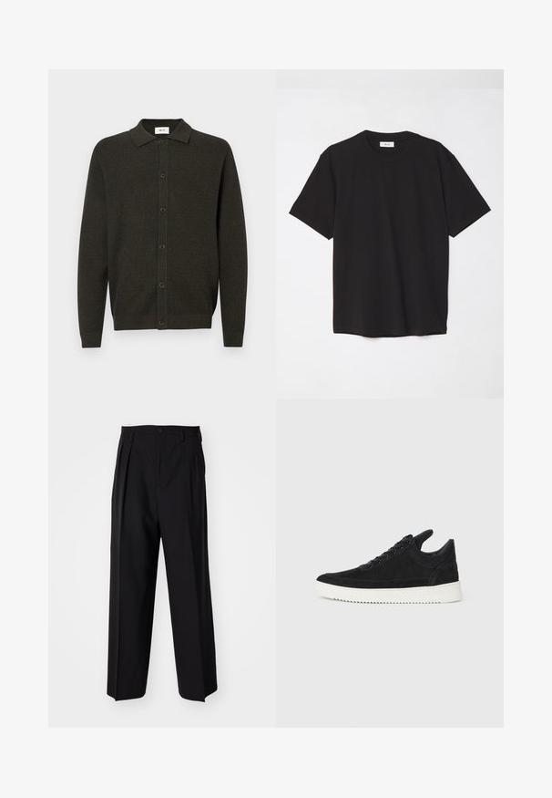 Cardigan en tricot à manches longues de couleur vert foncé, avec col et six boutons sur le devant, présentant un motif texturé subtil et des poignets et un ourlet côtelés.; T-shirt en coton noir avec un col ras du cou, des manches courtes et une coupe décontractée. Design simple, texture lisse, sans motifs ni logos visibles.; Pantalons plissés noirs avec un design droit et large. Fabriqués en tissu lisse, avec une fermeture à bouton et des passants de ceinture.; Baskets en daim noir avec une semelle en caoutchouc blanc, présentant des coutures tonales et un design lacé. Texture lisse avec une forme moderne et épurée.