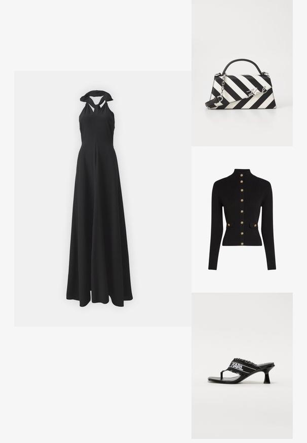 Cardigã preto canelado com gola alta, apresentando botões dourados e dois bolsos frontais com detalhes de botões a condizer.; Vestido maxi preto de halter com corpete ajustado, saia fluida e detalhe de gola com nó. Tecido liso sem padrões ou acentos visíveis.; Sandálias de salto alto pretas com design de tira entre os dedos, faixa de tecido com bordas despedaçadas e detalhe de logo branco. Acabamento brilhante em verniz.; Bolsa de mão às riscas pretas e brancas com um formato estruturado, apresentando uma alça superior, uma alça de corrente destacável e um detalhe em logotipo metálico.