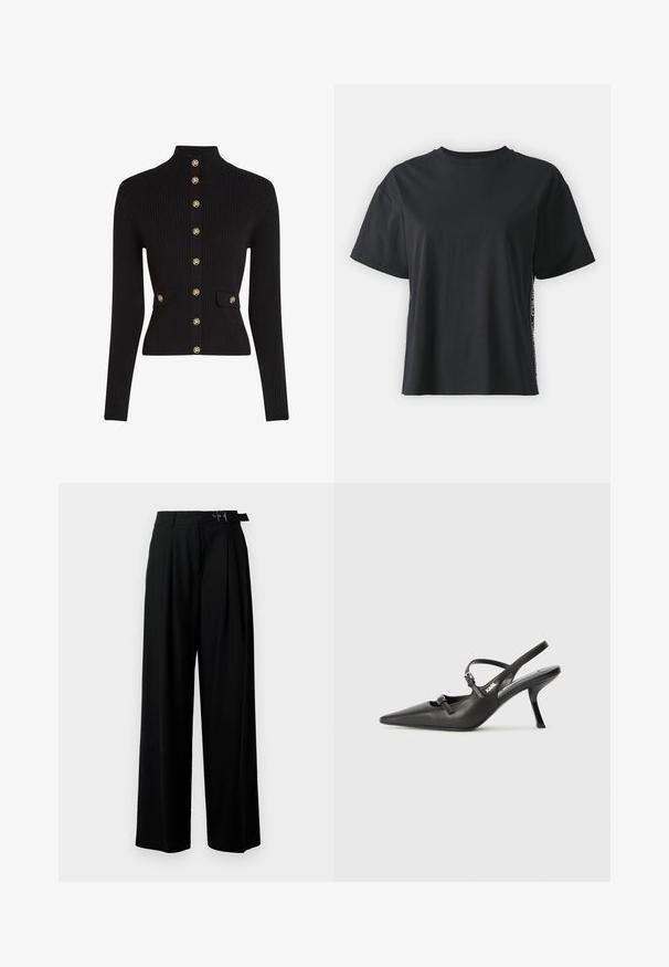 Fekete bordázott kötött kardigán magas gallérral, elől gombos záródással, két első zsebbel és aranyszínű gombokkal, melyeken logó látható.; Fekete, rövid ujjú pamut póló, laza szabású, kontrasztos oldalsó panelekre jellemző kis szöveggel és dizájn részletekkel.; Fekete, bő szárú nadrág magas derékkal, elöl pliszírozva, és csattal ellátott övvel. Simább, könnyű anyagból készült.; Fekete bőrszíjjal ellátott magassarkú cipő, hegyes orral, karcsú sarkával és díszes csattal a vamp részén. Simás textúra és elegáns dizájn.