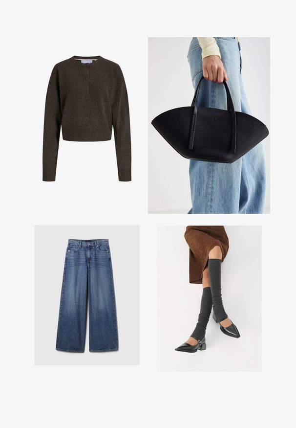 Tumši brūns adīts īss kardigāns ar garām piedurknēm, ar pogu priekšpusi, ribotām aprocēm un jostu, ar apaļu dekoltē.; Balta pogājamā krekla augšdaļa, izgatavota no gluda kokvilnas, ar klasisku apkakli, garām piedurknēm un izliekto apakšmalu. Pogas ir mazas un baltas.; Platām kājām zila denima bikses ar izbalējušu apdari, ar pogu un rāvējslēdzēju, pieciem kabatām un jostu cilpām.; Melnas laka ādas apavi ar norādītu purngalu, blokveida papēdi un potīšu jostu, saskaņoti ar pelēkām ribotām kāju sildītājām un brūnu zamšādas svārku.; Melnas ādas rokassoma ar unikālu ventilatora formu, aprīkota ar plakaniem rokturiem. Virsma ir ar graudainu faktūru un minimālistisku dizainu.