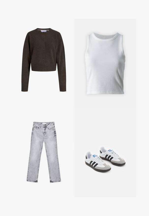 Ciemnobrązowy dzianinowy krótki kardigan z długimi rękawami, zapinany na guziki, z prążkowanymi mankietami i pasem, posiadający okrągły dekolt.; Biała, prążkowana koszulka na ramiączkach z okrągłym dekoltem i bez rękawów, z prostym dołem i gładką, elastyczną teksturą.; Szare dżinsy o prostym kroju nogawki, z przetarciami, pięcioma kieszeniami i miedzianymi nitami. Pasek w talii posiada metkę z logo.; Buty sportowe z białą skórzaną cholewką, szarym zamszowym noskiem i trzema czarnymi paskami. Posiadają niebieskie logo na języku oraz teksturowaną gumową podeszwę.