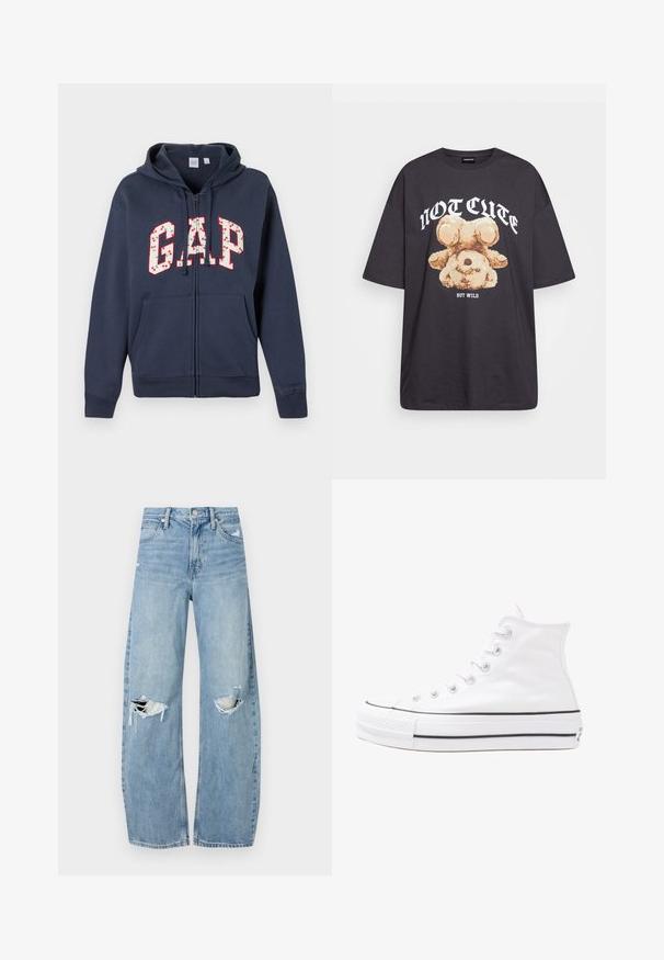 Sötétkék, cipzáras kapucnis pulóver elülső zsebekkel, állítható kapucnival, és a mellkason cseresznye mintával és piros kerettel ellátott "GAP" felirattal.; Fekete, oversized póló, rajta egy medvével és a "NEM CUKI, HANEM FÉKTELEN" felirattal vastag, fehér betűkkel. Pamut anyag.; Világoskék, magas derekú farmernadrág. Széles lábakkal, két szakadt térddel és klasszikus öt zsebes dizájnnal rendelkezik.; Fehér magaskorsó vászon sportcipő fekete gumi talppal, elülső gumi orrnyereggel és hat fűzőlyukkal, letisztult, minimalista dizájnnal.