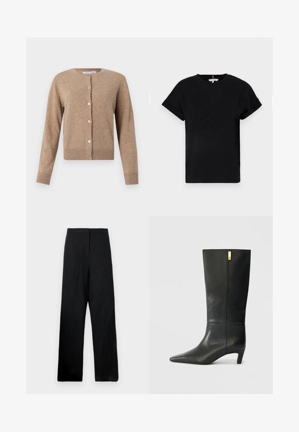 Tan cardigan laget av mykt stoff, med rund hals, lange ermer og knappefeste med lyse knapper.; Svart bomull T-skjorte med rullet kort erm, med et preget logo i midten og en liten flaggdetalj på siden.; Svarte vide bukser laget av et lett stoff. Har en jevn tekstur, høy livhøyde og minimale sømdetaljer.; Sorte lærknæhøje støvler med spids tå og en lille hæl. Har et strømlinet design med en gylden accentdetalje. Glat tekstur.