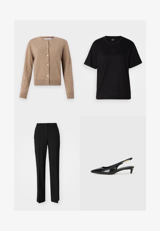 Tan kardiagan i mjukt material, med rund halsringning, långa ärmar och knäppning med ljusa knappar.; Svart bomullströja med rund halsringning, korta ärmar och en broderad logotyp på bröstet. Enkel, avslappnad passform utan mönster.; Svarta skräddarsydda byxor med rak benform, med en slät yta och skarpa veck fram. Ingen synlig hårdvara.; Svart läder slingback-hälar med spetsig tå, med en smal klack och en guldtonad detalj på den justerbara remmen. Slät textur.