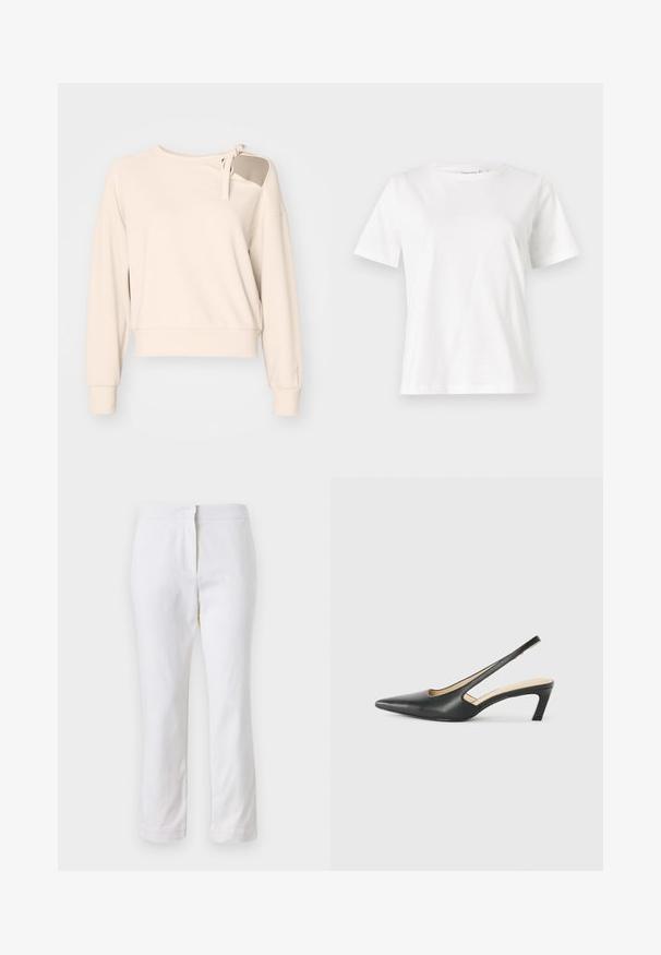Beige cropped sweatshirt with long sleeves, features a tied detail on the shoulder and ribbed cuffs. Soft fabric with smooth texture.; White cotton t-shirt with short sleeves, round neckline, and a relaxed fit. Smooth texture, no patterns or accents, minimalistic design.; White cotton pants with a straight leg design, featuring a mid-rise waist and no visible hardware or patterns. Smooth texture throughout.; Black pointy-toed slingback shoe with a low heel, featuring smooth leather material and cut-out design on the side for breathability.
