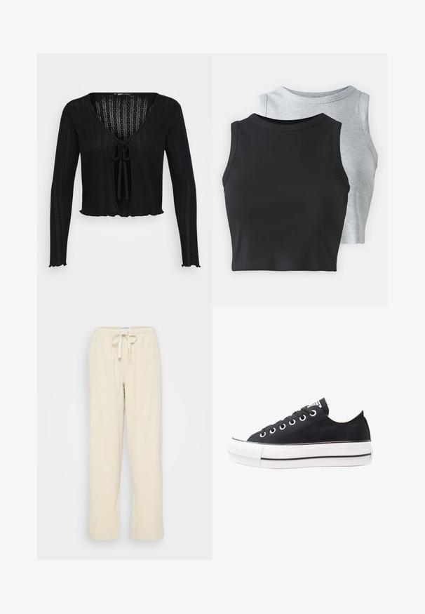 Melnā īsā kardigāna jaka, izgatavota no ribota auduma, ar garām piedurknēm, dziļu V veida kakla izgriezumu un priekšu aizveramu ar saišu, ar viļņotu apakšmalu.; Even&Odd Petite 2 PACK - Tops - light grey/black; Even&Odd Petite Auduma bikses - beige; Melnas kanvas kedas ar baltu gumijas zoli, apaļi purngali, zema dizaina, metāla acu caurumi un teksturēts purngals. Plāna melna svītra gar zoli.