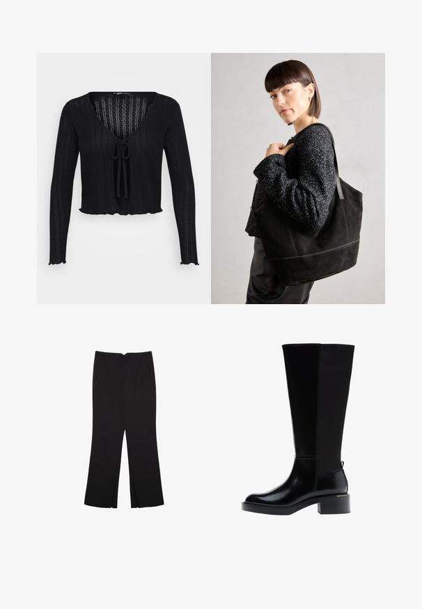Cardigan nero cropped in tessuto a coste, con maniche lunghe, scollatura a V profonda e chiusura anteriore con fiocco, bordatura gommata.; Canotta nera in cotone, caratterizzata da un colletto rotondo e ampi giromanica. Texture liscia con orli cuciti. Design classico e minimalista.; Pantaloni neri a gamba dritta, con tasche frontali e spacchi laterali all'orlo. Realizzati in tessuto morbido e liscio. Adatti a diverse occasioni.; Stivale nero fino al ginocchio in pelle liscia, con evidenti cuciture, tacco spesso e pannello posteriore testurizzato per un tocco di interesse in più.; Borsa tote nera in suede con una texture liscia, forma strutturata e cuciture a contrasto. Presenta lunghe tracolle per il trasporto a spalla.