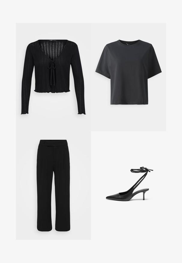 Svart cropped cardigan laget av ribbestrikket stoff, med lange ermer, dyp V-hals og frontknyting med en bølgete kant.; Svart bomull T-skjorte, korte ermer, rund hals, avslappet passform, jevn tekstur, enkel design, ingen mønstre eller aksenter.; Sorte bukser med vide ben laget av et glatt stoff, med flat front, beltehemper og uten synlige lommer. Rent, skreddersydd design.; Sorte lær stiletto-sko med spiss tå, åpen bakdel og ankelremmer knyttet i sløyfe. Tynn 3-tommers hæl. Glatt tekstur, minimalistisk design.