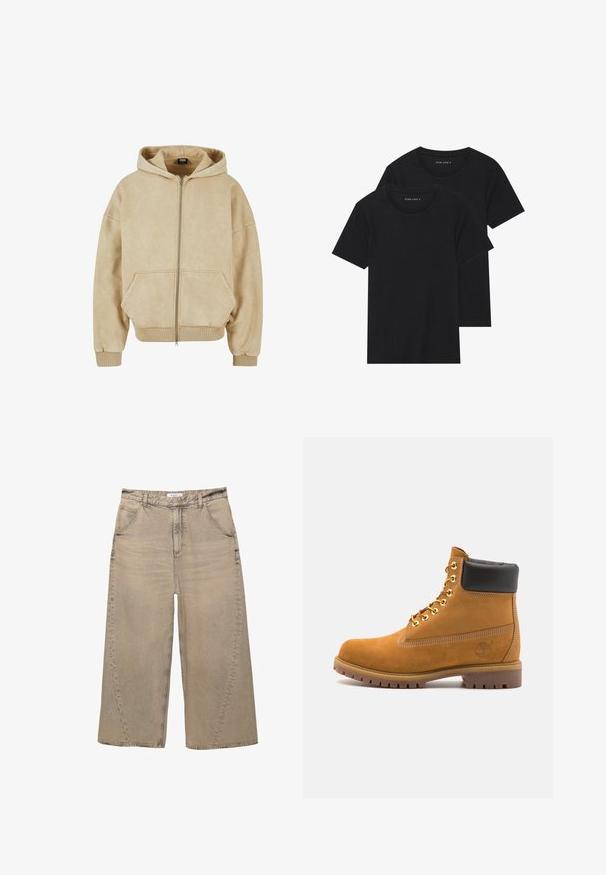 Bež majica s kapuljačom na zip, izrađena od mekog materijala, s velikom kapuljačom, dva prednja džepa i rebrastim manžetama i rubom. Glatka tekstura i ležeran kroj.; Dvoje crnih pamučnih majica s kratkim rukavima, okruglim izrezom i glatkom teksturom, prikazanih n stacked. ; PULL&BEAR MEGA BAGGY - Vrećaste traperice - light grey; Antracitne antilop čizme do gležnjeva s crnim podstavljenim ovratnikom, zlatnim metalnim rupicama, bijelim šavovima i robusnom gumenom potplatom s izraženim šarama.