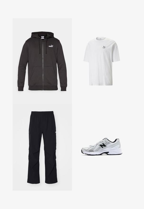 Sudadera con cremallera negra hecha de una mezcla de algodón. Presenta un bolsillo canguro, cordones, puños acanalados y un logo blanco de Puma en el pecho.; Camiseta blanca de algodón con cuello redondo y mangas cortas. Presenta un pequeño logo negro de Puma en el lado izquierdo del pecho. Textura suave, corte casual.; Pantalones cargo negros de material ligero, con cintura elástica, bolsillos laterales y diseño de pierna recta.; Zapatilla deportiva plateada con material de malla, detalles en negro, diseño perforado y una suela blanca acolchada. Presenta un prominente logo 'N'.
