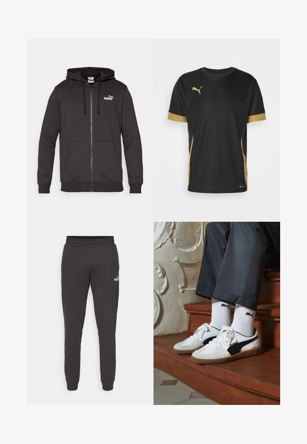 Črna zip-up jopica, narejena iz mešanice bombaža. Ima kenguru žep, vrvice za zategovanje, rebraste manšete in belo Puma logo na prsih.; Črna športna majica s kratkimi rokavi in zlatimi detajli na rokavih in stranskih delih. Ima okroglo ovratnik, kratke rokave in tkanino DRYCELL, ki odvaja vlago.; Temno sivi trenerki z elastičnim pasom, zoženimi hlačnicami in majhnim belim logotipom Puma na levi stegn. Mehka tkanina iz bombažne mešanice.; Puma superge v beli in črni usnjeni izvedbi, sročene s rjavim gumijastim podplatom. Usklajene z belimi nogavicami z črnim logotipom, nosijo se s temnimi hlačami.