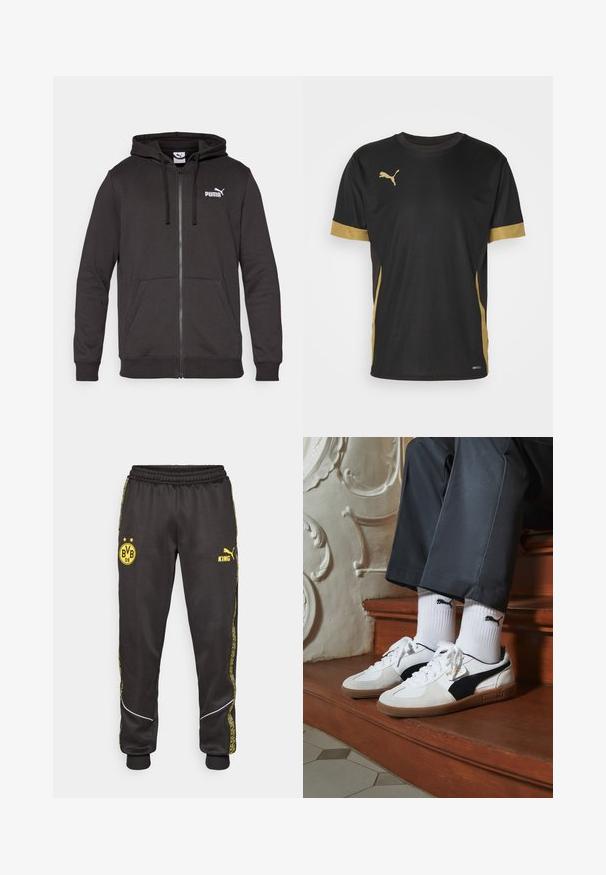 Čierna mikina na zips zo zmesi bavlny. Obsahuje klokanu kapsu, šnúrky, rebrované manžety a biely logo Puma na hrudi.; Čierne športové tričko s zlatými akcentmi na rukávoch a boku. Obsahuje okrúhly výstrih, krátke rukávy a vlhkosť odvádzajúcu tkaninu DRYCELL.; Čierne atletické nohavice s žltými logami Borussia Dortmund BVB 09 a Puma King, elastický pás a žlté pruhy so vzorom po stranách.; Tenisky Puma v bielej a čiernej z semišu, s hnedou gumovou podrážkou. Kombinované s bielymi ponožkami s čiernym logom, nosené s tmavými nohavicami.