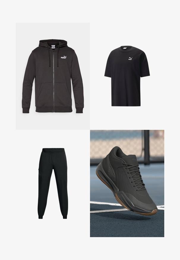 Mustas kapuutsi ülepea jakk, mis on valmistatud puuvilla segakangast. Omab kängurupocketit, nööre, soonikuid varrukaotstes ning mantli rinnal on valge Puma logo.; Must musta T-särk lühikeste varrukatega, ümmarguse kaelusega ja valge Puma logo rinnal. Lihtne ja kaunistusteta disain.; Musthave mustamaadid sportlikud püksid elastse vöökohaga, kitseneva jala disainiga, küljetaskudega ja kontrastsete paneelide detailidega. Kerge, sileda kangaga.; Mustad mustreejal, millel on sile sünteetiline pealis, tekstuuriga aktsendid ja kummist tallad, loodud soorituse ja mugavuse tagamiseks.