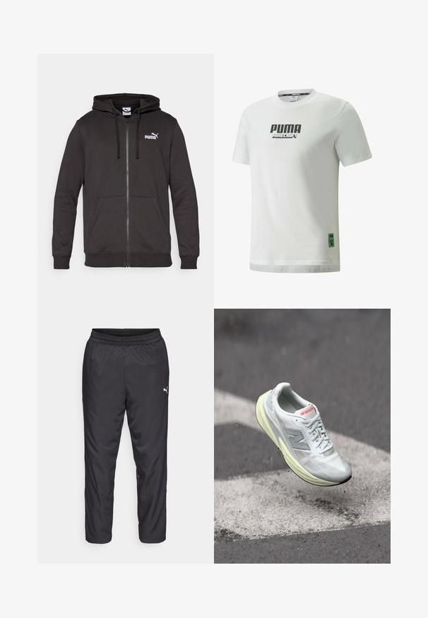 Felpa nera con zip realizzata in tessuto misto cotone. Presenta una tasca a marsupio, cordini, polsini a coste e un logo Puma bianco sul petto.; T-shirt bianca in cotone con i loghi neri "PUMA" e "MINECRAFT" sul davanti, con un emblema verde del Creeper di Minecraft all'orlo.; Pantaloni sportivi neri realizzati in materiale liscio e leggero. Presentano un elastico in vita e un piccolo logo bianco sul lato sinistro.; Scarpa da corsa leggera con tomaia in mesh bianco, intersuola gialla e accenti grigi. Presenta un logo ‘N’ prominente e una superficie testurizzata.