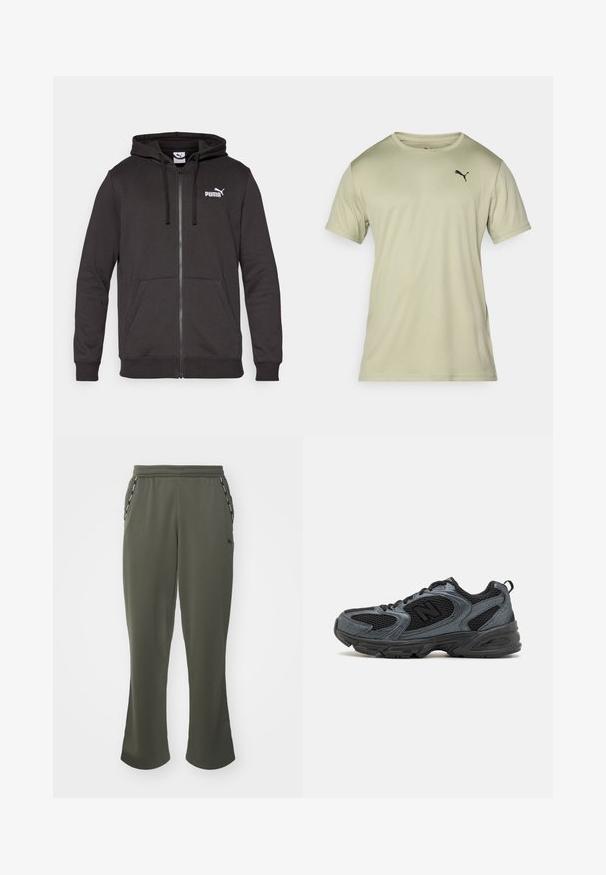 Melna kapucīna džemperis ar rāvējslēdzēju, izgatavots no kokvilnas sajaukuma auduma. Iezīmējas ar kangarū zipa kabatu, auklām, ribotiem piedurkņu galiem un baltu Puma logos uz krūtīm.; Gaiši zaļš īsajiem piedurknēm T-krekls no mīksta auduma, ar apaļu kaklu un mazu melnu Puma logotipu uz krūšu.; Olīvu zaļas sporta bikses ar brīvu piegriezumu, elastīgu jostu, sānu kabatām un kontrastējošiem melniem akcentiem gar kabatām. Mīksts auduma tekstūra.; Melni un pelēki sporta apavi ar teksturētu tīkla augšu, gumijas zoli un atbalstošu dizainu. Iezīmēts ar logotipu un saistīšanas sistēmu.