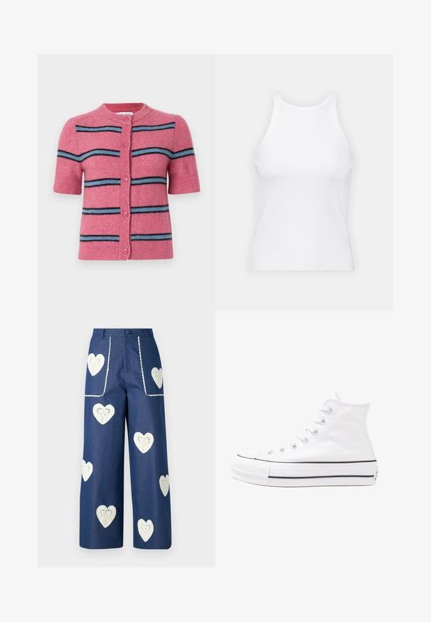 Samsøe Samsøe NOURA CARDIGAN - Vest - rose wine; Witte mouwloze tanktop van ribstof, met een ronde halslijn en een aansluitende pasvorm, met minimale naden en zonder versieringen.; Sister Jane HEART TO HEART - Straight leg jeans - blue denim; Witte high-top canvas sneakers met een zwarte rubberen zool, een rubberen neuskap aan de voorkant en zes gaatjes voor veters, met een schone, minimalistische uitstraling.