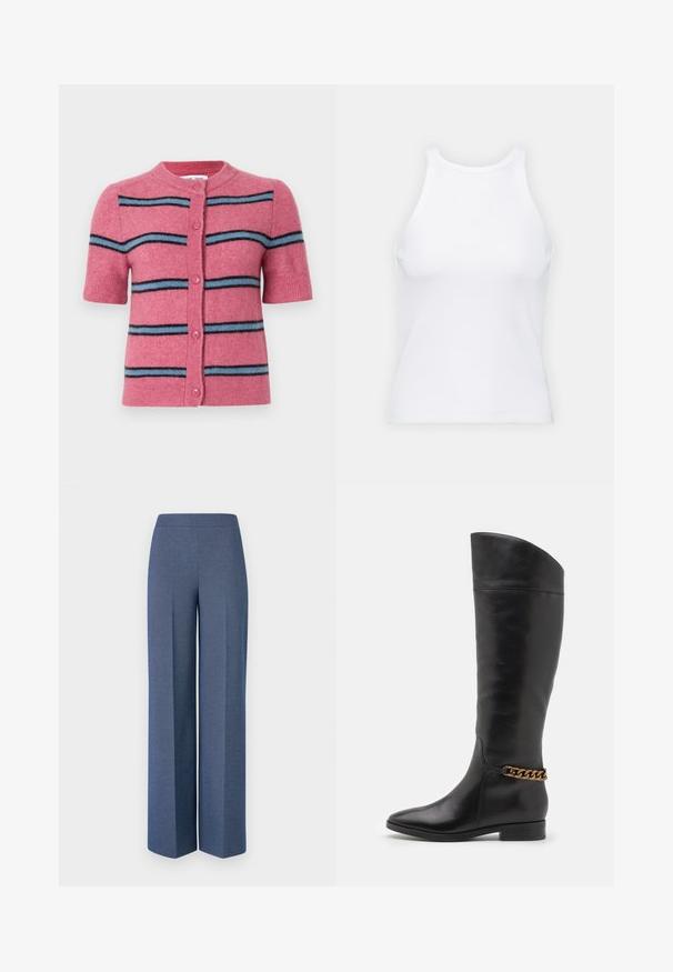 Samsøe Samsøe NOURA CARDIGAN - Cardigan - rose wine; White sleeveless tank top made of ribbed fabric, featuring a rounded neckline and a fitted silhouette, with minimal seams and no embellishments.; Wide-leg trousers in textured blue fabric with a smooth waistband and sharp creases down the front, showcasing a tailored design.; Tall black leather boots with a sleek design, pointed toe, and a gold chain accent at the ankle. Low block heel. Smooth texture.