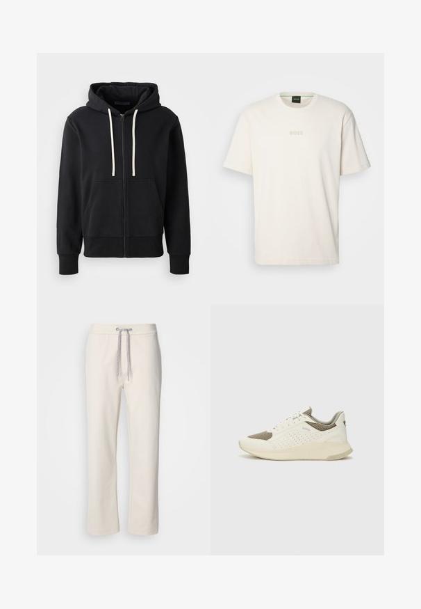 Black zip-up hoodie made of cotton blend, featuring a front pocket, drawstring hoodie, and ribbed cuffs. Smooth texture, plain design.; BOSS TEE - Basic T-shirt - open white; Cream-colored casual pants with a drawstring waist and straight legs, displayed against a plain white background.; White and light beige athletic sneaker, featuring a mesh upper, perforated detailing, and a textured midsole with branding on the heel.