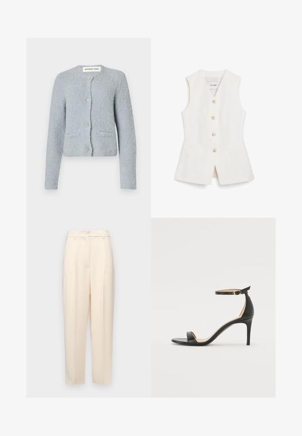 Gaiši zila tekstūrēta džemperis made of soft material. Iekļauj apaļu dekoltē, priekšējās kabatas un piecas dekoratīvās pogas.; Balta bezpiedurkņu veste ar piegulošu dizainu, sešām apaļām pogām un divām priekšējām kabatām. Izgatavota no gludas materiāla ar tīru apdari.; Beige pielāgotas bikses ar taisnu piegriezumu, priekšpusē ar krokām, gluda tekstūra un vidējas augstuma jostasvieta. Nav redzamu kabatu.; Melnas ādas augstpapēžu sandales ar potītes siksniņu. Iezīmes gluda tekstūra, atvērta purngala un plāna papēža. Zelta krāsas sprādzes detaļa.