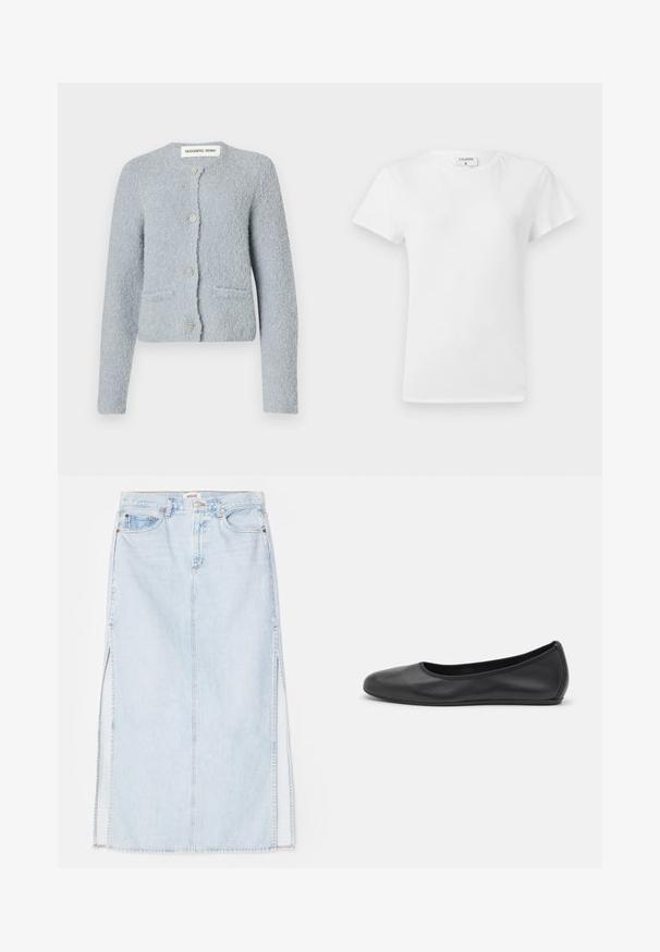 Šviesiai mėlynas tekstūruotas kardiganas, pagamintas iš minkštos medžiagos. Turi apvalų iškirpimą, priekinius kišenes ir penkis dekoratyvinius mygtukus.; Baltos medvilnės T-marškinius su apvalia iškirpte ir trumpomis rankovėmis, pasižyminčiais laisvu krovu ir minimalizmo dizainu. Etiketė matoma prie kaklo.; Šviesiai mėlynas džinsinis maksi sijonas su tiesiu kirpimu, su šoninėmis išpjovomis ir penkių kišenių dizainu. Išryškintas siuvinėjimas ir metalinė sagtis.; Juodai odiniai baletai su apvaliu pirštu, lygi texture, minimalus siuvimo detales ir lanksčiu padų dizainu.