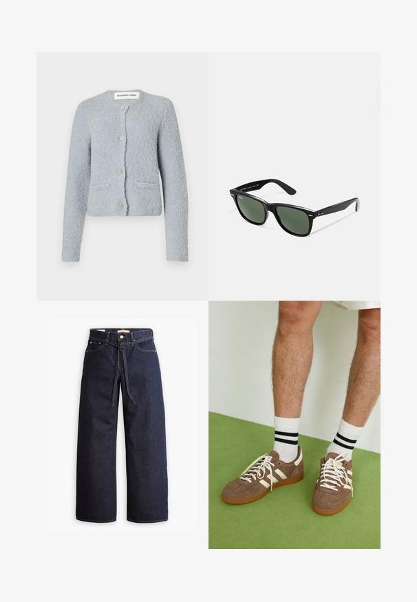 Cardigan texturat de culoare albastru deschis, realizat din material moale. Are un guler rotund, buzunare frontale și cinci butoane decorative.; Bluză albă cu mâneci lungi, confecționată dintr-un material moale și neted. Dispune de un gât rotund și o croială ajustată, cu detalii de cusătură minime.; Blugi din denim cu talie înaltă, de culoare albastru închis, cu picior larg, dotati cu şnur pentru ajustare, cinci buzunare şi detalii de cusătură în contrast.; Adidași maro din suede cu accente și șireturi albe. Talpă din cauciuc de culoare caramel. Purtați cu șosete albe cu dungi negre. Pardoseală verde texturată.; Ochelari de soare din plastic negru cu lentile verzi, rame pătrate, accent argintiu pe sprânceană și brațe texturate. Marca este menționată pe brațul interior.; Geantă din piele împletită neagră, cu o formă curbată, având un mâner gros și închidere cu fermoar. Suprafață texturată cu un finisaj lucios.