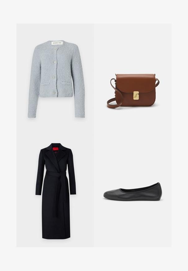 Light blue textured cardigan made of soft material. Features a round neckline, front pockets, and five decorative buttons.; White short-sleeve t-shirt made of ribbed fabric. Round neckline, regular fit, and subtle stitching details. No patterns or graphics.; Black trench coat with long sleeves, wrap design, and matching belt. Made of smooth fabric, features a notched collar and side pockets.; Black leather ballet flat with a rounded toe, smooth texture, minimal stitching detail, and a flexible sole design.; Brown leather handbag with a flap closure, gold-tone hardware, a shoulder strap, and a smooth texture. Compact rectangular shape.