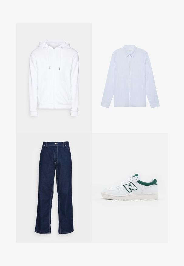 Jack & Jones JJEBRADLEY ZIP HOOD - Jaka ar rāvējslēdzēju - white; Gaiši zilas svītrains garām piedurknēm pogājams krekls. Iespējas ietver tradicionālu apkakli, baltas pogas un gludu kokvilnas maisījuma audumu.; Tumši zili džinsu bikses ar platajām kājām, ar augsto jostas daļu, priekšējām kabatām un kontrastējošām baltām šuvēm.; Baltie teni ar zaļiem akcentiem, ādas augšdaļa, perforēta purngala daļa, auklu aizdare un teksturēta gumijas zole. Ieturēts izteiksmīgs "N" logotips.