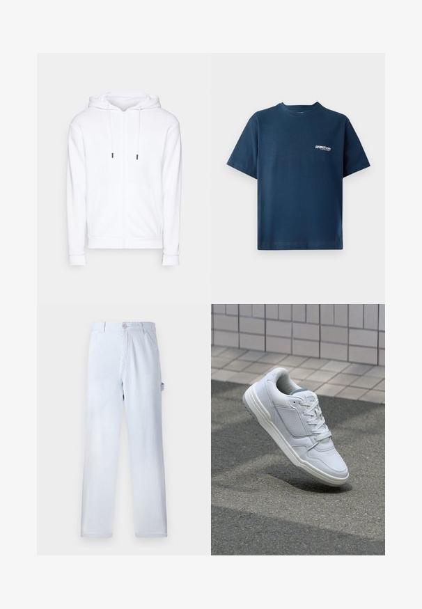 Jack & Jones JJEBRADLEY ZIP HOOD - Mikina so zipsom - white; Námornícky modré bavlnené tričko s krátkymi rukávmi a okrúhlym výstrihom. Obsahuje malé biele logo na ľavej strane hrudníka. Mäkká textúra.; Svetlomodré pruhované nohavice vyrobené z bavlny. Rovno strihaný dizajn, s predným gombíkovým zapínaním a bočnými vreckami. Mäkčká textúra.; Biele kožené tenisky s perforovanými stranami, textúrovanými akcentmi, plochými šnúrkami a kontrastnou sivou pätou. Majú mierne zvýšenú podrážku.