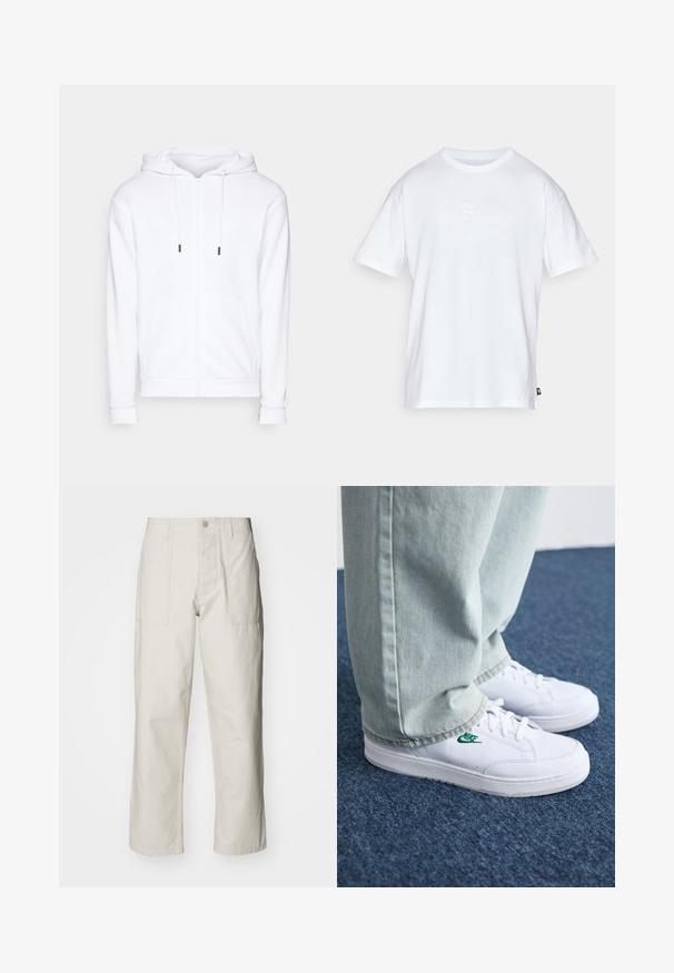 Jack & Jones JJEBRADLEY ZIP HOOD - Felpa con zip - white; T-shirt bianco in cotone con maniche corte e colletto tondo. Presenta un piccolo e discreto logo Nike sul petto e un'etichetta laterale.; Pantaloni a gamba larga beige chiaro in cotone. Presentano tasche frontali e chiusura con bottone. Tessuto liscio con sottili linee verticali.; Sneakers in pelle bianca con logo Nike verde, punta rotonda, suola piatta, abbinati a pantaloni in denim azzurro, mostrati su un tappeto blu.