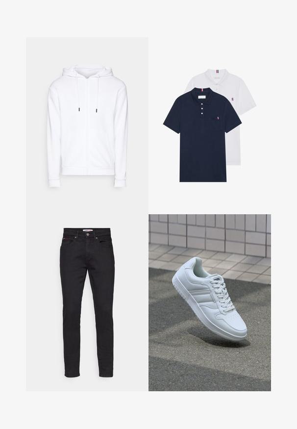 Jack & Jones JJEBRADLEY - Zip-up sweatshirt - white; Two polo shirts: one navy blue and one white, both with a small red, white, and blue accent on the chest pocket and collar.; Black denim jeans with a slim fit, five-pocket design, and subtle red and white accents on the front pocket.; White athletic sneaker with smooth leather upper, lace-up front, perforated toe, and patterned sole. Minimalist design with three side stripes.
