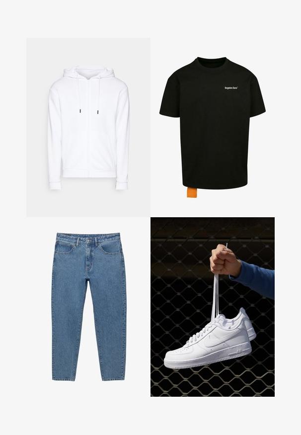 Jack & Jones JJEBRADLEY - Sweatjakke - white; Sort bomulds t-shirt med løs pasform, rund hals og korte ærmer. Har et hvidt tekstlogo på brystet og et orange mærke i kanten.; Blå denimjeans med lige ben, fem lommer og lynlås. Har synlige syninger og en falmet tekstur.; Hvide lædersneakers med perforeringer, rund tå, flad sål og tykke snørebånd, med et synligt swoosh-logo og "AIR" på hælen.