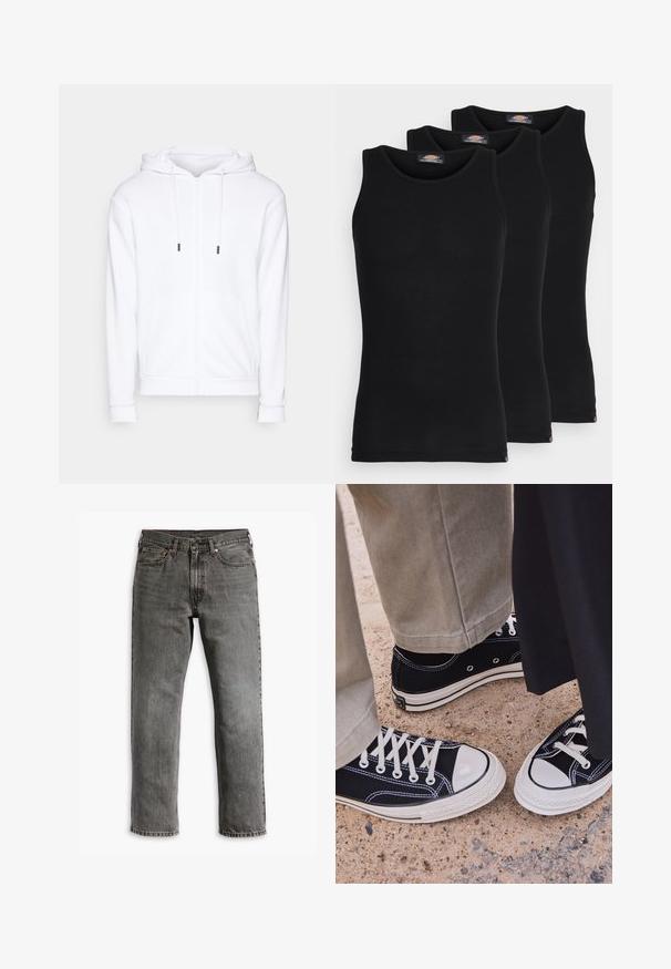 Jack & Jones JJEBRADLEY ZIP HOOD - Sweatjacke - white; Schwarze Tanktops im Dreierpack. Gerippte Textur, klassischer Rundhalsausschnitt, ohne Ärmel. Der Saum hat am unteren Ende ein kleines Markenlogo.; Graue Denim-Jeans mit geradem Bein, fünf Taschen, und Messingbeschlägen für Verschluss und Akzente. Sichtbare, ausgefranste Textur.; Schwarze Segeltuch-Sneaker mit weißen Gummi-Zehenkappen und Schnürsenkeln. Kontrastnähte und Metallösen geben dem Schuh Detail. Getragen mit beigen Hosen und einem schwarzen Stoff.