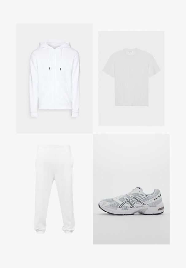 Jack & Jones JJEBRADLEY ZIP HOOD - Mikina na zip - white; Bílý bavlněný tričko s krátkými rukávy, kulatým výstřihem a volným střihem. Hladká textura a žádné viditelné vzory ani akcenty.; Bílé tepláky vyrobené z jemné tkaniny, s elastickým pasem, bočními kapsami a elastickými manžetami na kotnících.; Bílé síťované sportovní boty s šedými akcenty, strukturovaným designem, šněrovacím systémem, polstrovaným límcem a gumovou podrážkou pro trakci.