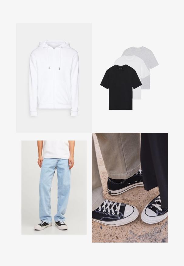 Jack & Jones JJEBRADLEY - Zip-up sweatshirt - white; Set of three basic t-shirts in black, white, and light grey. Short sleeves, round neck, made from smooth cotton fabric. Brand logo visible.; Light blue denim jeans with a relaxed fit, featuring a straight leg design and standard stitching, paired with black sneakers.; Black canvas sneakers with white rubber toe caps and laces. Contrast stitching and metal eyelets add detail. Worn with beige pants and black fabric.
